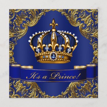 Royal Blue Gold Crown Prince Baby Shower Invitation by BabyCentral at Zazzle
