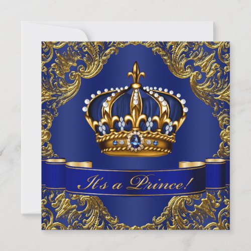 Royal Blue Gold Crown Prince Baby Shower Invitation