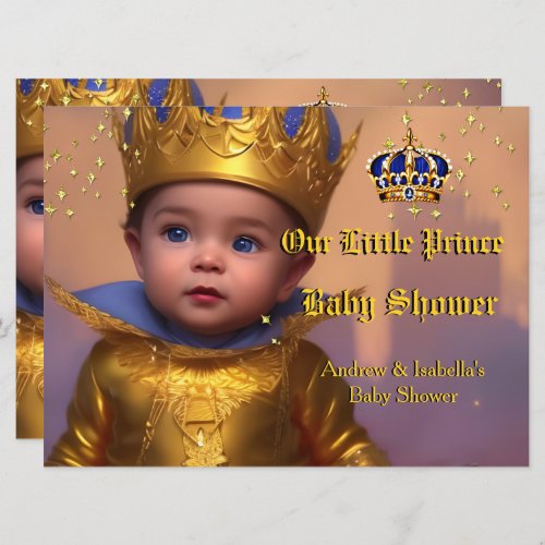 Royal Blue Gold Crown Prince Baby Shower Invitation