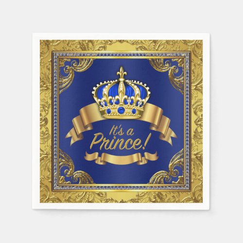 Royal Blue Gold Crown Prince Baby Shower Napkins