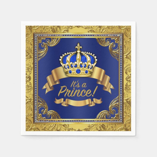 Royal Blue Gold Crown Prince Baby Shower Napkins (Front)