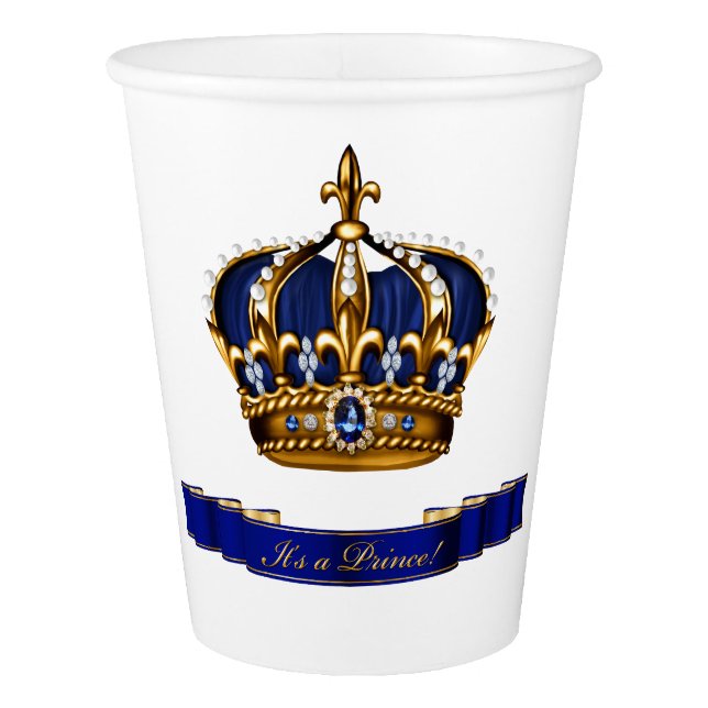 Royal Blue Gold Crown Prince Baby Shower Paper Cup (Front)