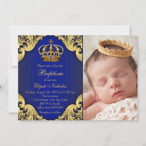 Royal Blue Gold Crown Prince Baptism Invitation