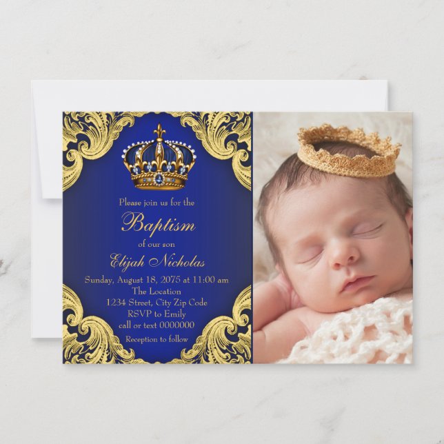 Royal Blue Gold Crown Prince Baptism Invitation (Front)