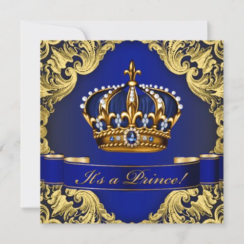 Royal Blue Gold Crown Prince Boy Baby Shower Invitation