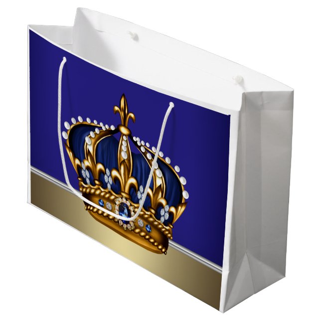 Royal Blue Gold Crown Prince King Large Gift Bag (Front Angled)