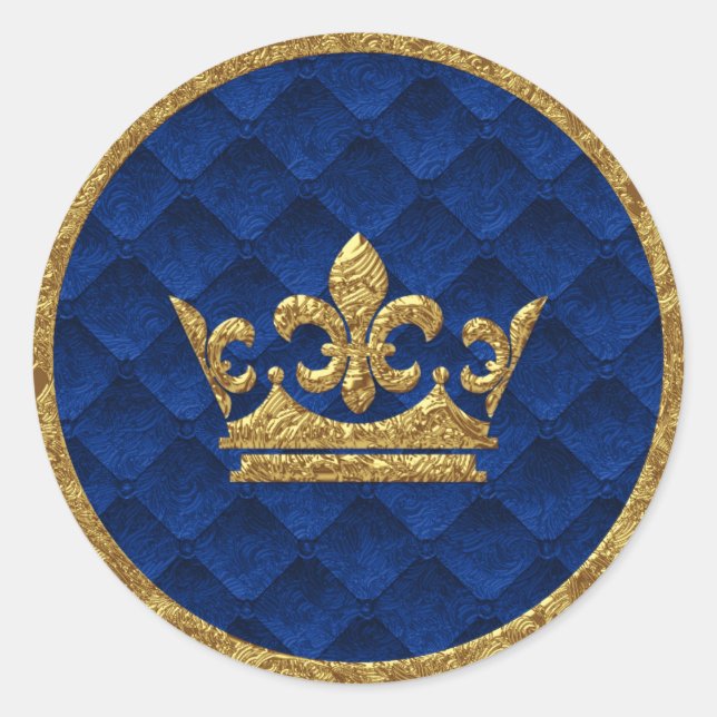 Royal Blue & Gold Crown Storybook Wedding Favor Classic Round Sticker (Front)