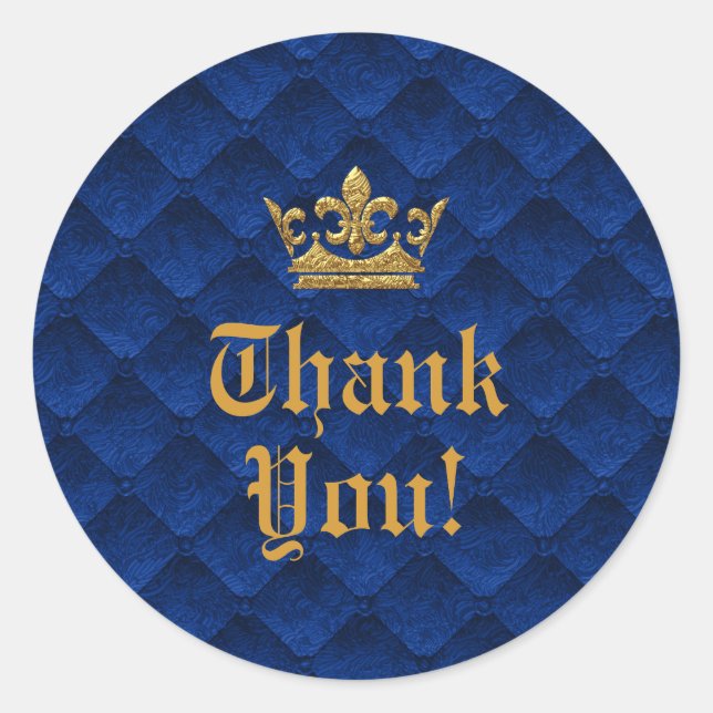 Royal Blue & Gold Crown Storybook Wedding Favor Classic Round Sticker (Front)