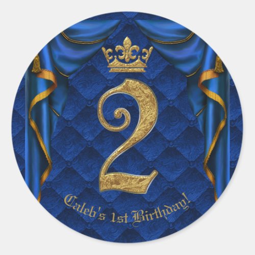 Royal Blue  Gold Crown Two 2 2ND Birthday Party  Classic Round Sticker