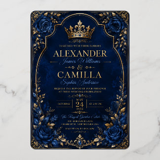 Royal Blue & Gold Crown Wedding Invitation | Blue Foil Invitation