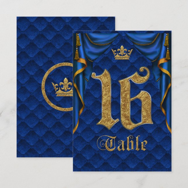 Royal Blue Gold Crown Wedding Table Number 16 (Front/Back)