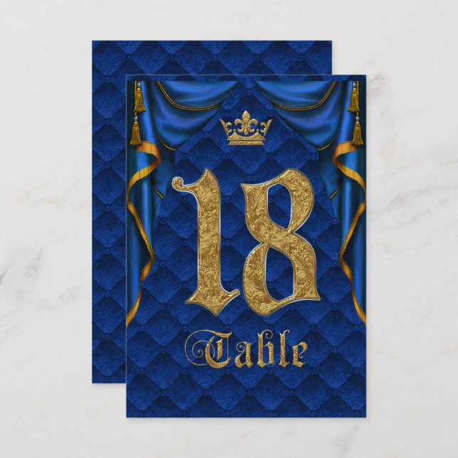 Royal Blue Gold Crown Wedding Table Number 18 (Front/Back)
