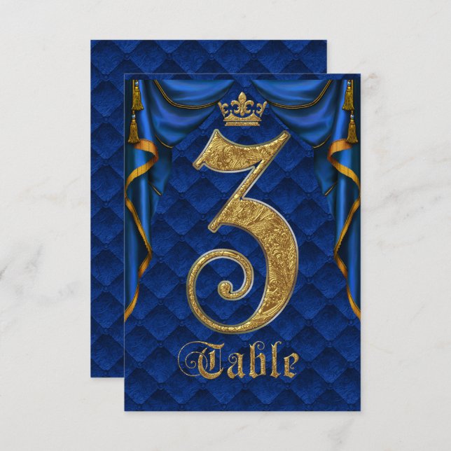Royal Blue Gold Crown Wedding Table Number 3 (Front/Back)