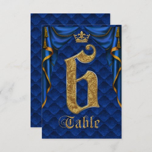 Royal Blue Gold Crown Wedding Table Number 6