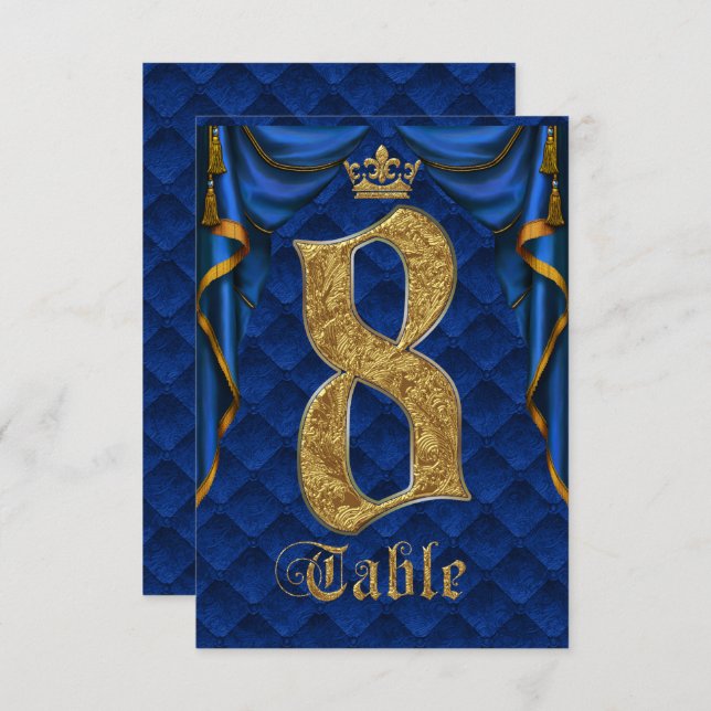 Royal Blue Gold Crown Wedding Table Number 8 (Front/Back)