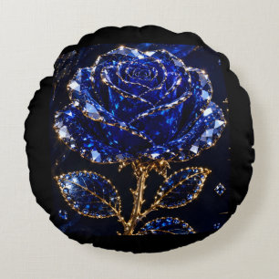 Royal Blue Gold Crystal Rose Round Pillow