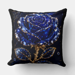 Royal Blue Gold Crystal Rose Throw Pillow