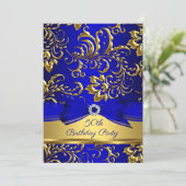 Royal Blue Gold Damask 50th birthday party Invitation (Standing Front)