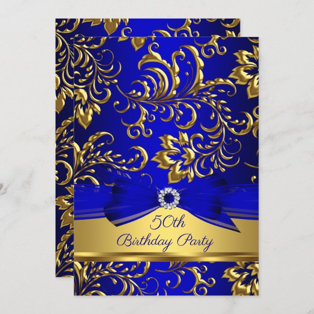 Royal Blue Gold Damask 50th birthday party Invitation (Front/Back)