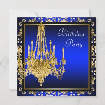 Royal Blue Gold Damask Chandelier Birthday Party I Invitation by Champagne_N_Caviar at Zazzle