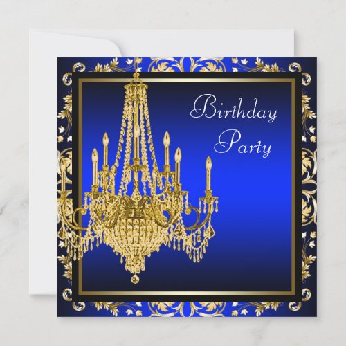 Royal Blue Gold Damask Chandelier Birthday Party I Invitation