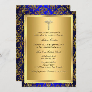 Royal Blue & Gold Damask Cross Baptism Invite