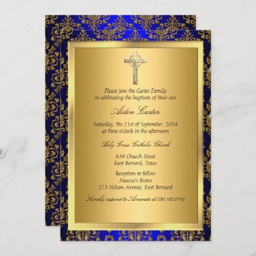 Royal Blue  Gold Damask Cross Baptism Invite