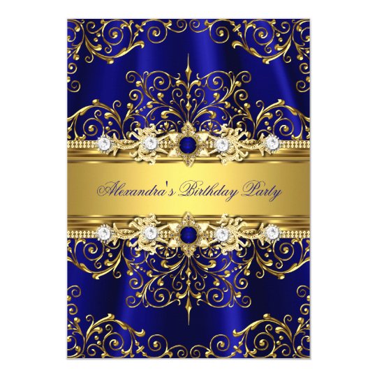 Royal Blue & Gold Damask Elegant Birthday Party Card ...