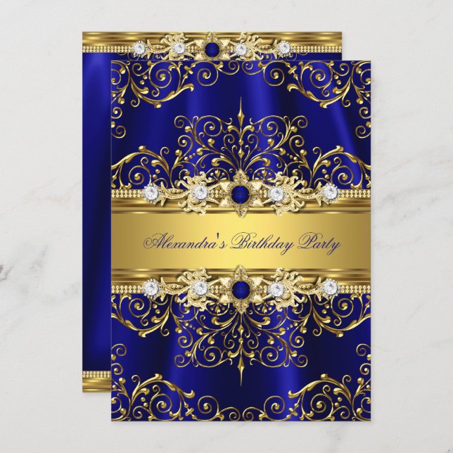 Royal Blue & Gold Damask Elegant Birthday Party Invitation (Front/Back)