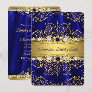 Royal Blue & Gold Damask Elegant Birthday Party Invitation