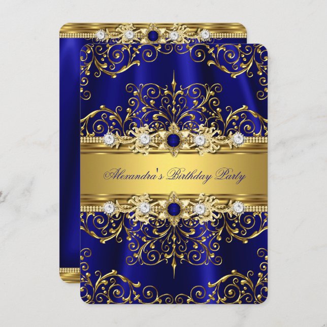 Royal Blue & Gold Damask Elegant Birthday Party Invitation (Front/Back)