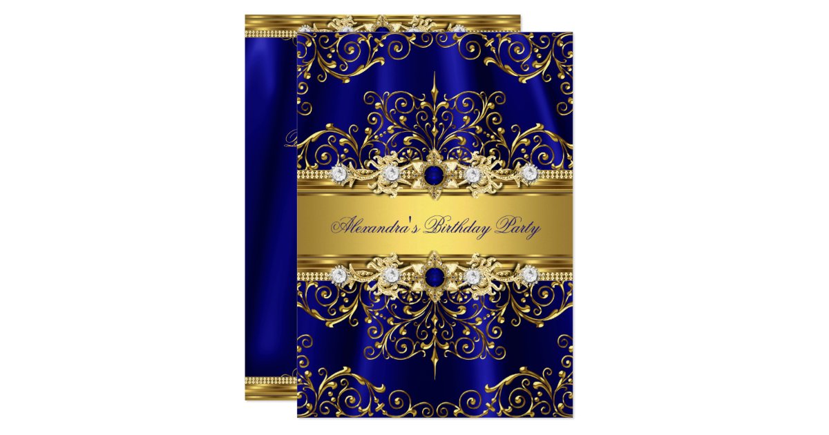 Royal Blue Gold Damask Elegant Birthday Party Invitation Zazzle Com