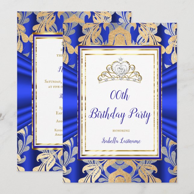 ROYAL Blue Gold Damask Gray Tiara Birthday Party Invitation (Front/Back)