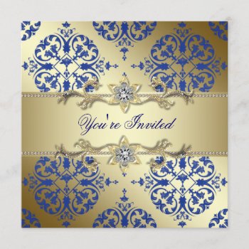 Royal Blue Gold Damask Party Invitations by Pure_Elegance at Zazzle