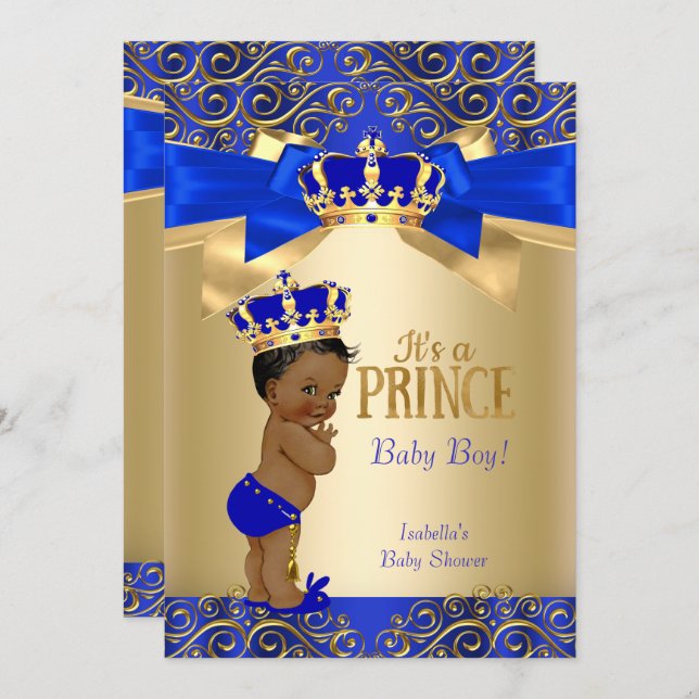 Royal Blue Gold Damask Prince Baby Shower Ethnic Invitation (Front/Back)