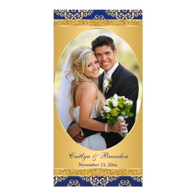 Royal Blue, Gold Damask Wedding Photo Card (Front)