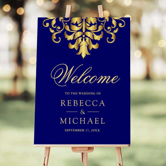 Royal Blue Gold Damask Wedding Welcome Sign (Creator Uploaded)