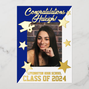 Royal Blue & Gold Diagonal Graduation Gold Foil Invitation