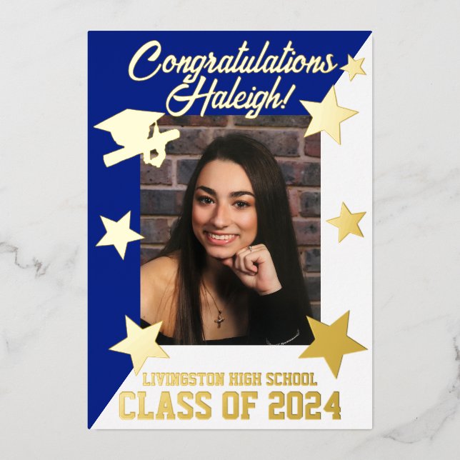 Royal Blue & Gold Diagonal Graduation Gold Foil Invitation (Front)