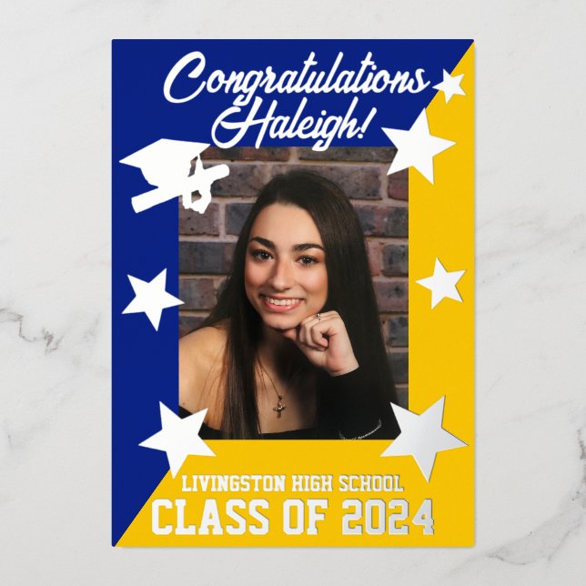 Royal Blue & Gold Diagonal Graduation Silver Foil Invitation (Front)