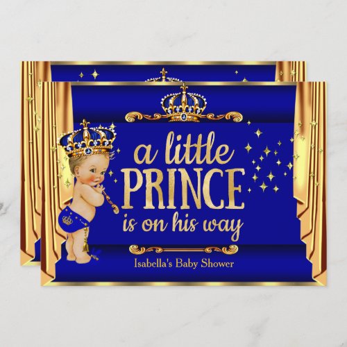 Royal Blue Gold Drapes Prince Baby Shower Blonde Invitation