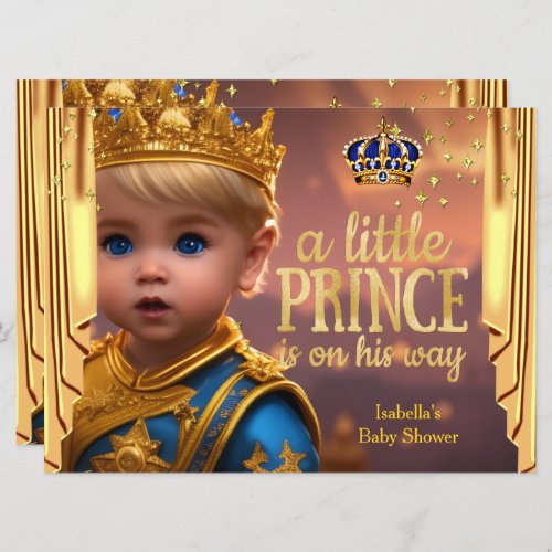 Royal Blue Gold Drapes Prince Baby Shower Blonde Invitation