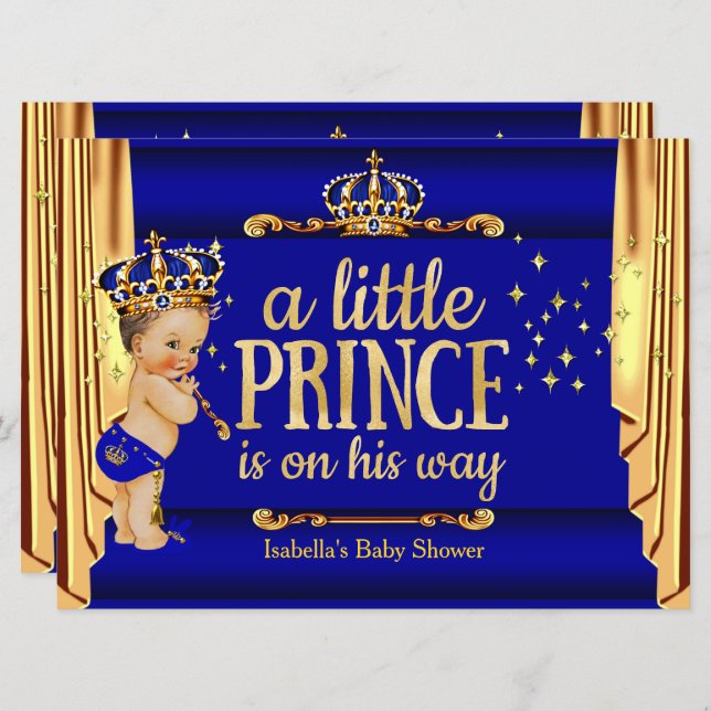 Royal Blue Gold Drapes Prince Baby Shower large Invitation (Front/Back)