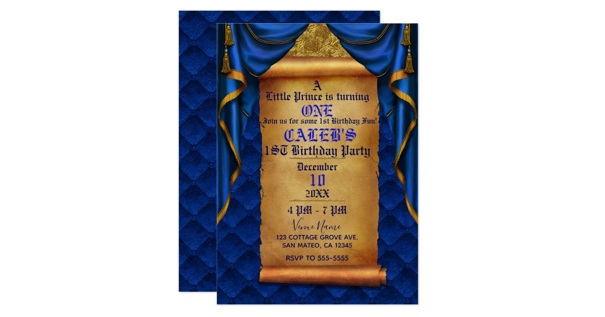 Royal Blue Gold Drapes Scroll 1st Birthday Party Invitation
