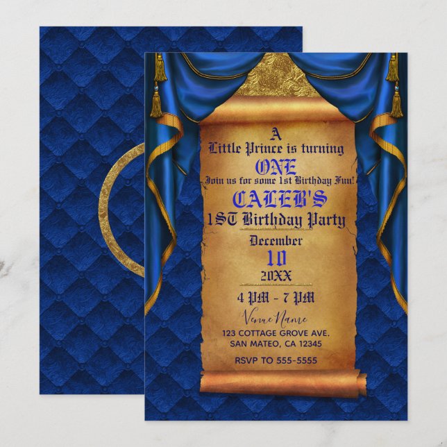 Royal Blue Gold Drapes Scroll 1st Birthday Party Invitation (Front/Back)