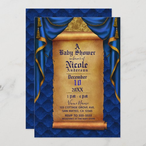 Royal Blue  Gold Drapes Scroll Baby Shower Invitation