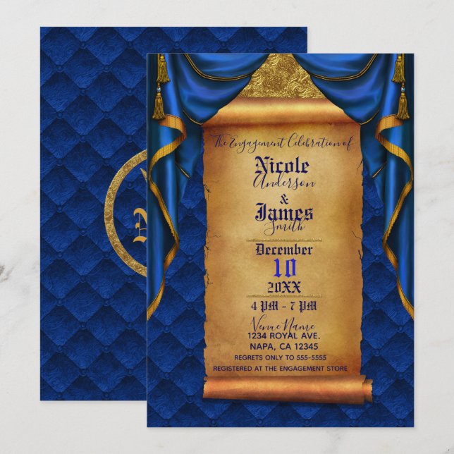 Royal Blue & Gold Drapes Scroll Engagement Party Invitation (Front/Back)