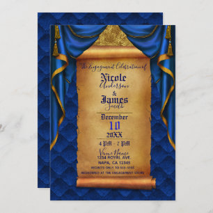 Royal Blue & Gold Drapes Scroll Engagement Party Invitation