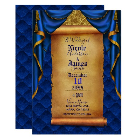 Royal Blue Gold Drapes Scroll Wedding Invitation Zazzle Com