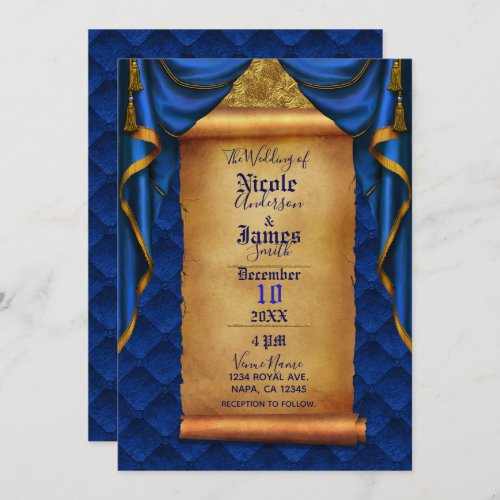 Royal Blue  Gold Drapes Scroll Wedding Invitation